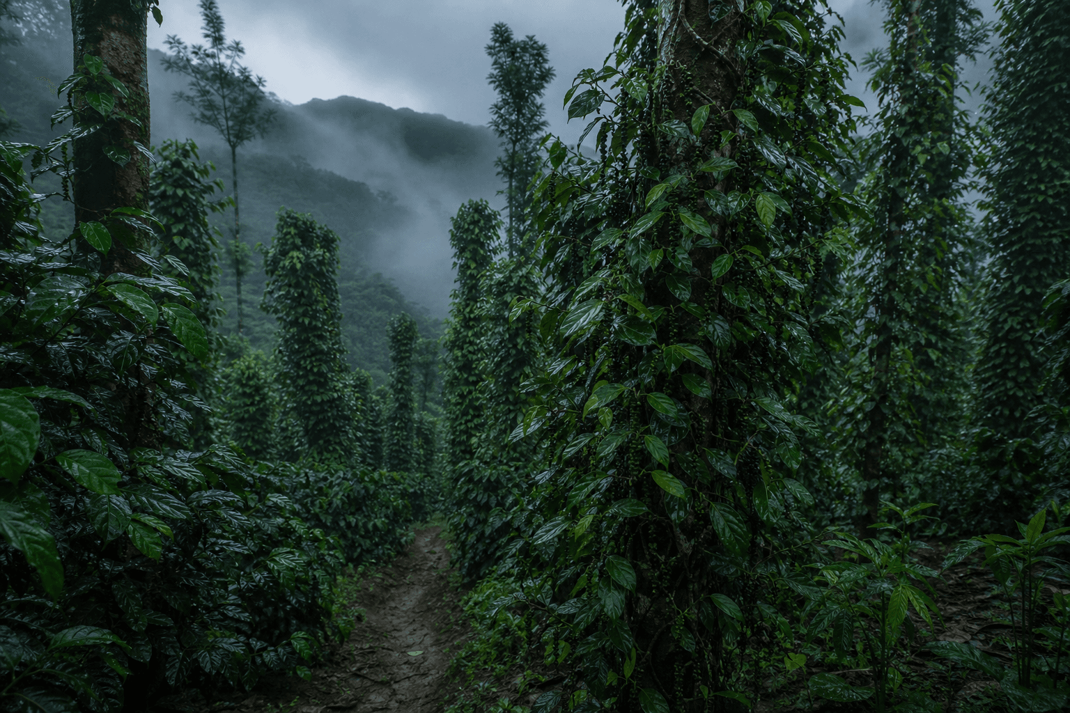 Pepper vines growing through the misty Western Ghats after monsoon rain