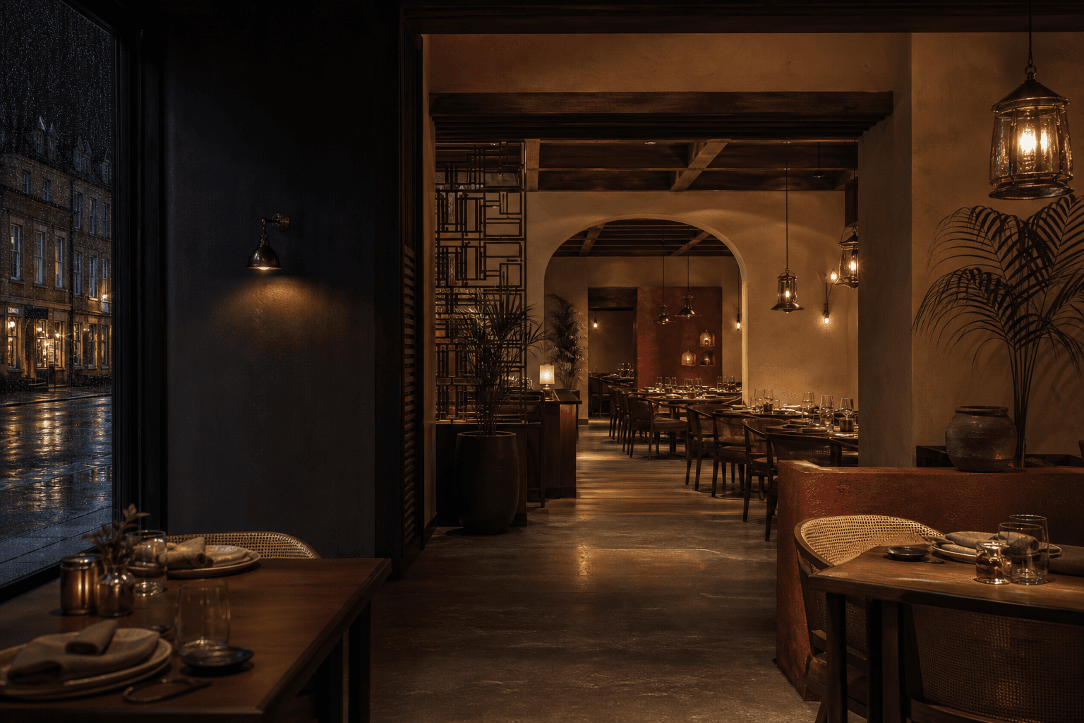 The warmly lit Malabar Coast dining room with teak, cane and brass details